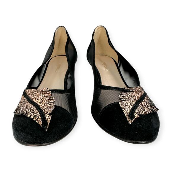 Heyraud | 38.5 | Black Mesh Copper Leaf Embellished Clear Heel Slip-On Shoe - Picture 4 of 11